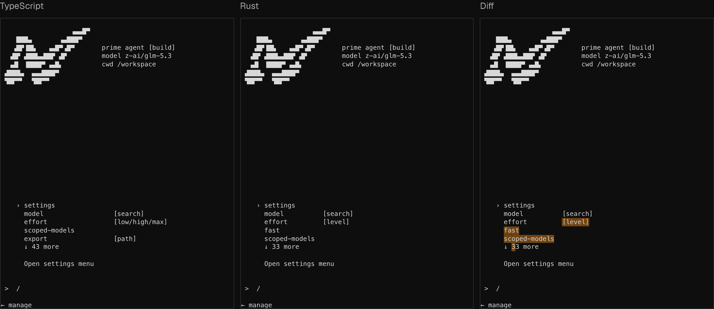 TypeScript and Rust slash-command menus side by side, with differing terminal cells highlighted in amber in the Diff panel.